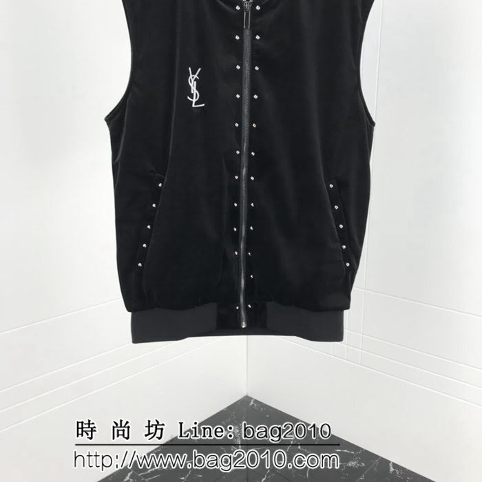 YSL聖羅蘭 走秀款 18F/W冬季新款 手工訂珠 小Logo刺繡 天鵝絲絨馬甲 ydi2607